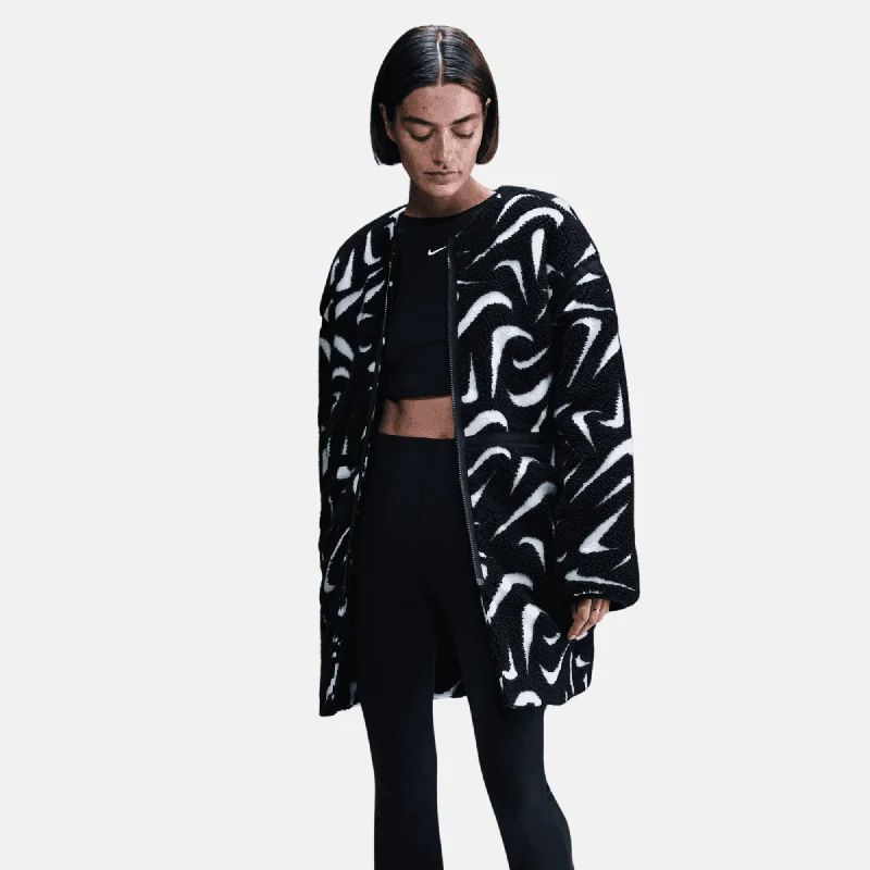 Nike Women's Sportswear Loose High-Pile Black Jacket Boat Neck Shawl Collar Notched Collar