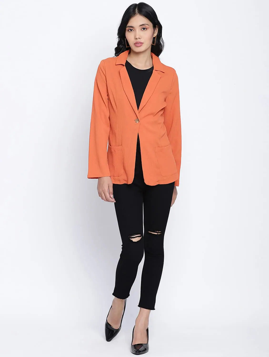 Rara Solid Orange Women Blazer Jacket Wool Jacket Cashmere Jacket Tweed Jacket