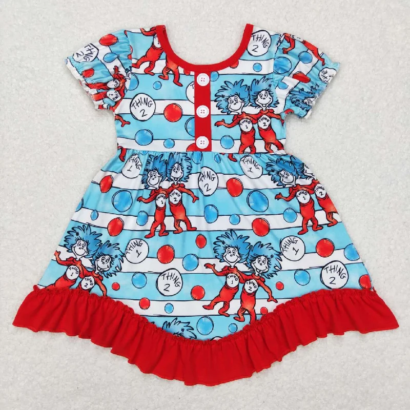 GSD0557 dr seuss blue and white striped red lace short-sleeved dress