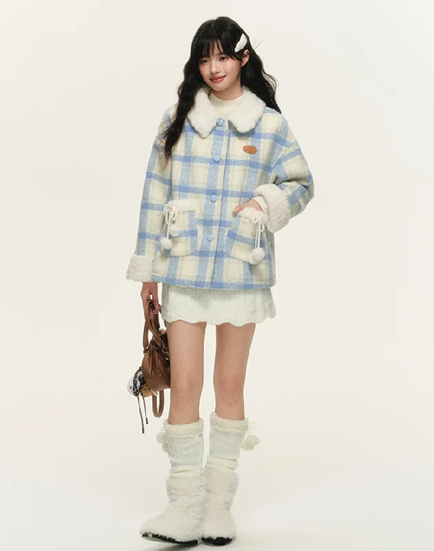 Lined quilted plaid jacket with fur collar and pocket design NTO0156 Striped Jacket Polka Dot Jacket Floral Jacket