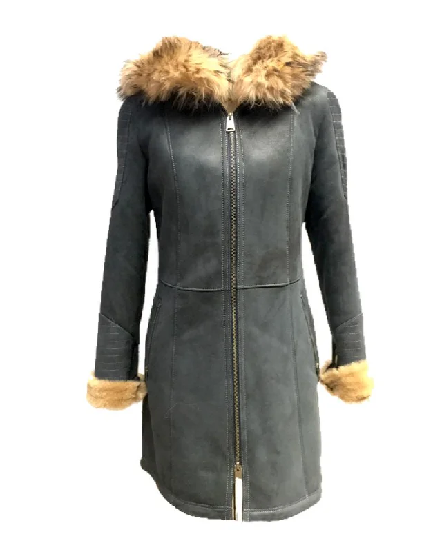 Bergen of Norway Kimberly Winter Shearling Jacket in Navy Satin Jacket Silk Jacket Chiffon Jacket
