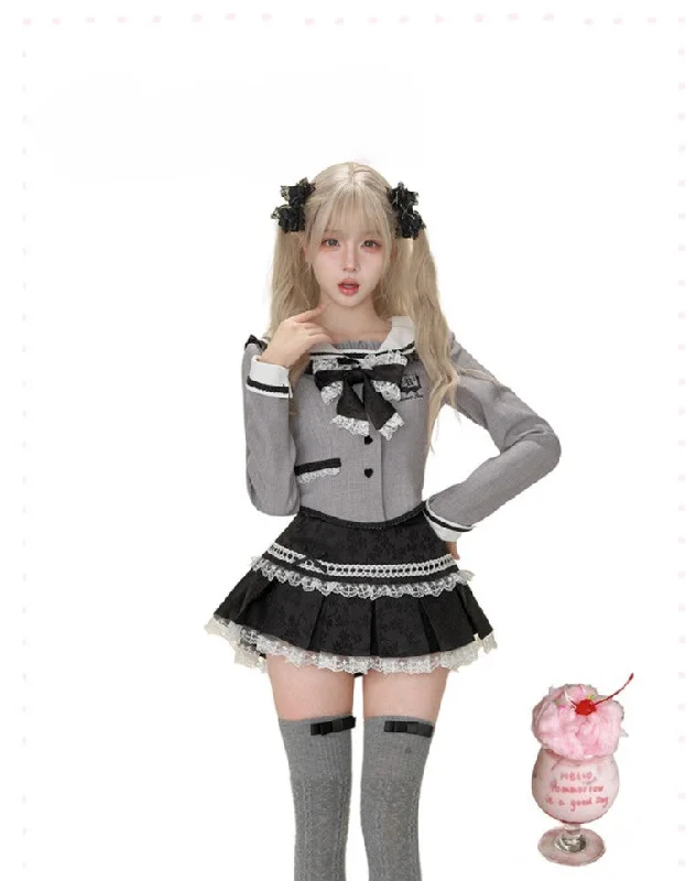 Lace Pleated Skirt/Gray Sailor Collar Suit Jacket SER0106 A-Line Jacket Boat Neck Shawl Collar
