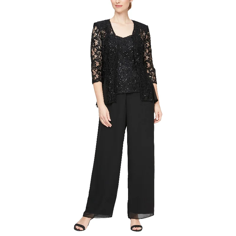 Alex Evenings 81122538 Long Sleeveless Three Piece Set Jacket Pant Suit One-Shoulder Jacket Off-the-Shoulder Jacket Asymmetrical Jacket
