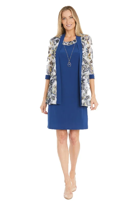 R&M Richards 1923P Short Printed Jacket Formal Petite Dress Notch Collar Peter Pan Collar Cowl Neck