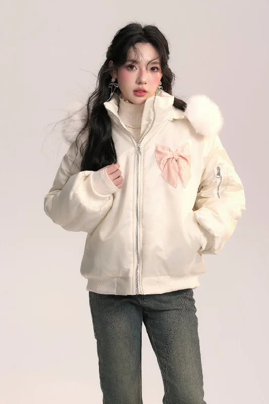 Flight Diary Fur Collar Bow Pilot Cotton Jacket AOO0048 Hoodie Zip-Up Jacket Button-Up Jacket