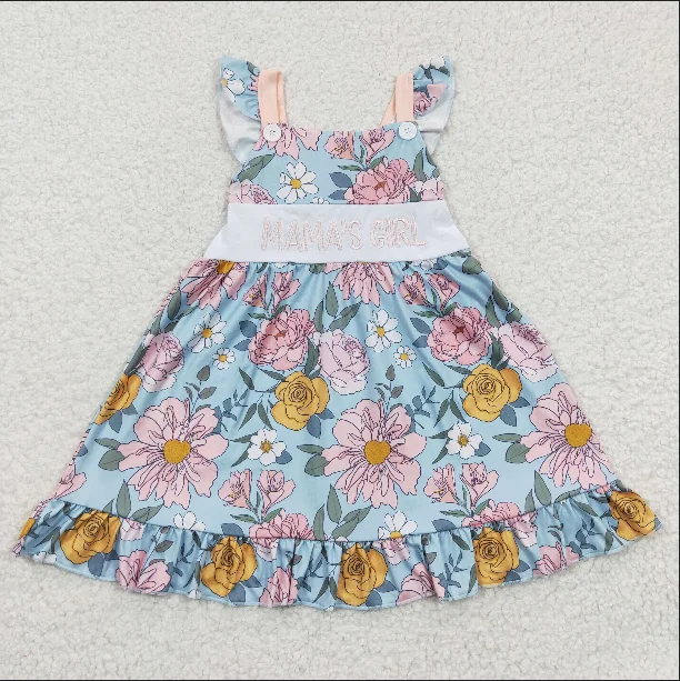 GSD0315 Embroidered Mamas Girl floral blue dress with flying sleeves