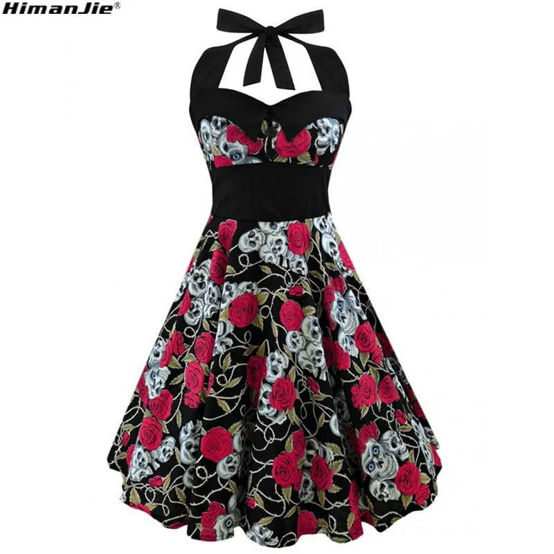 HimanJie Retro Vintage Style Sleeveless 3D Skull Floral Printed 2017 Summer Women Dress Halter Plus Size Party Sexy Casual Dress