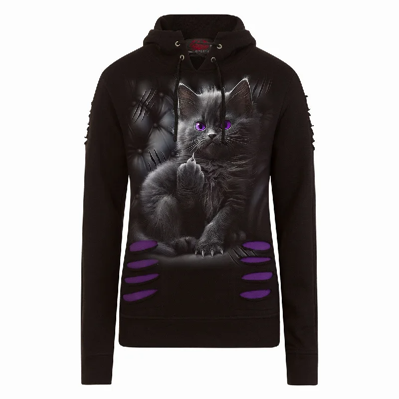 CATTITUDE - Large Hood Ripped Hoody Purple-Black