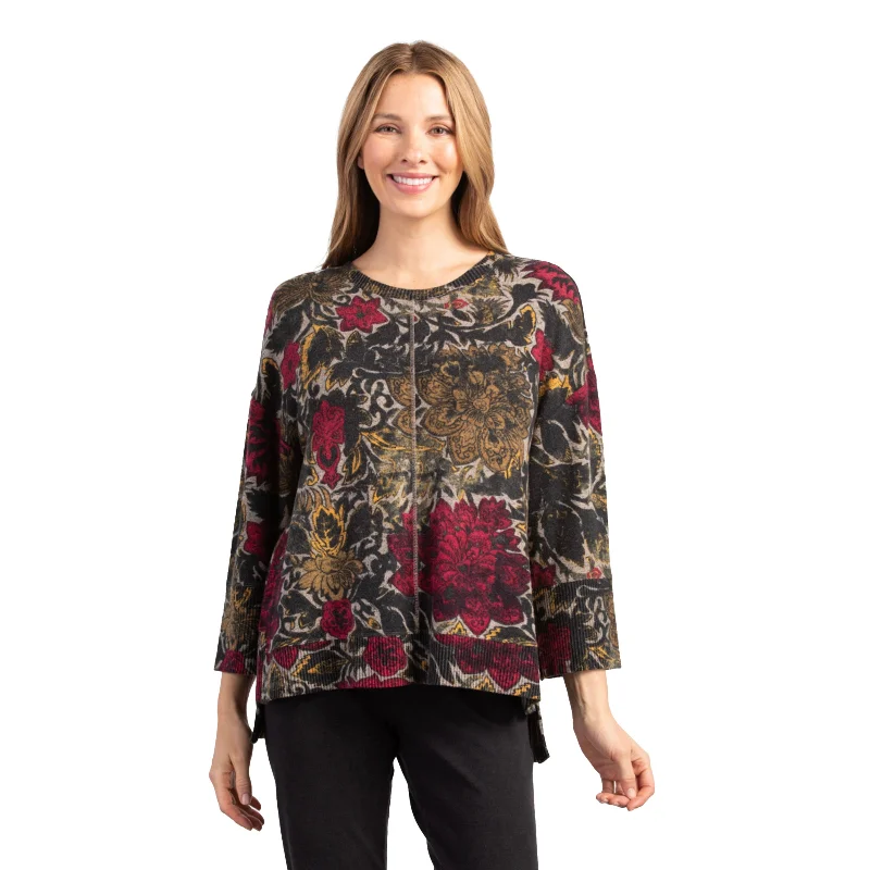 Habitat Eastern Floral Crew Neck Top in Cranberry - 36369-CNB