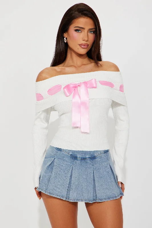 Just A Tease Off Shoulder Bow Sweater - Ivory/combo