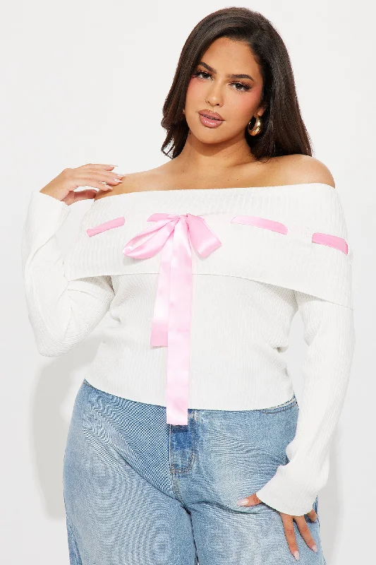 Just A Tease Off Shoulder Bow Sweater - Ivory/combo