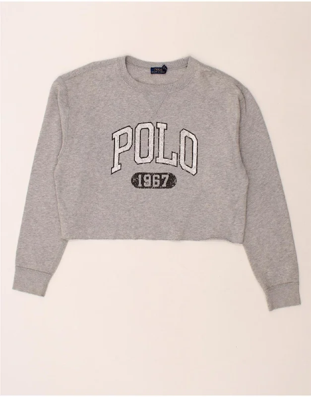 POLO RALPH LAUREN Womens Crop Graphic Sweatshirt Jumper UK 14 Medium Grey