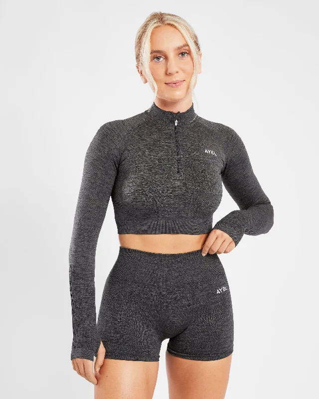 Revive Seamless Crop 1/2 Zip Pullover - Black Marl