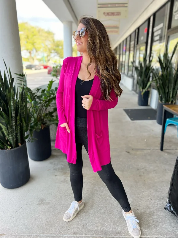 Slouchy Pocket Open Cardigan - Magenta