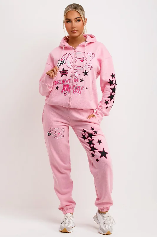 Tracksuit With Graphics Zip Through Hoodie And Joggers Set Pink