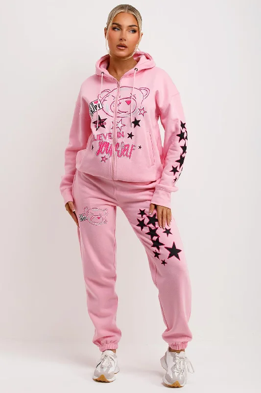 Tracksuit With Graphics Zip Through Hoodie And Joggers Set Pink