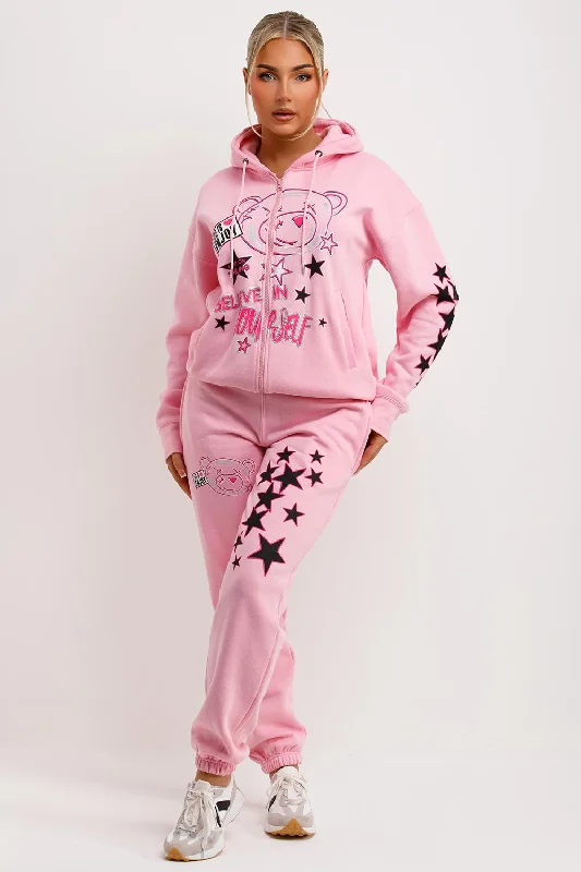 Tracksuit With Graphics Zip Through Hoodie And Joggers Set Pink