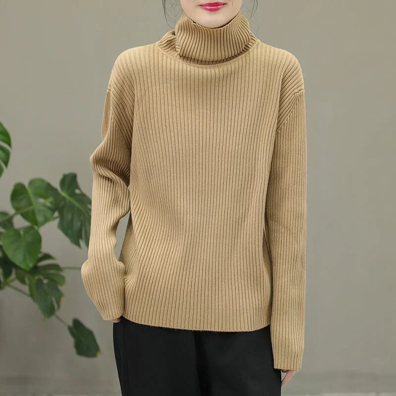 Women Solid Stripe Knitted Turtleneck Winter Sweater