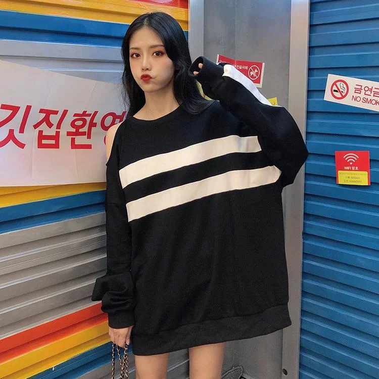 Women's Korean Fashion Off Shoulder Contrast Color Stripe Loose Sweaters