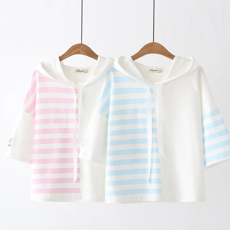 Women's Korean Fashion Sailor Collar Contrast Color Striped Hoodies 