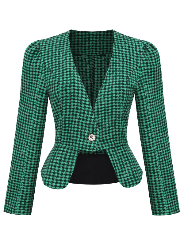 Black 1940s Retro Plaid Button Fitted Blazer