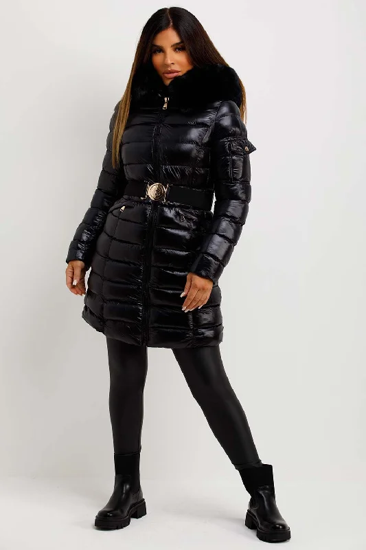 Black Shiny Puffer Coat With Fur Hood