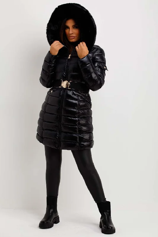 Black Shiny Puffer Coat With Fur Hood