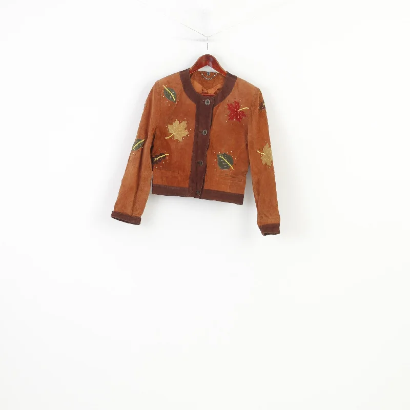 C&A Yessica Women 10 36 S Leather Jacket Shoulder Pads Suede Leaves Brown Vintage Bottoms Nature Print Top