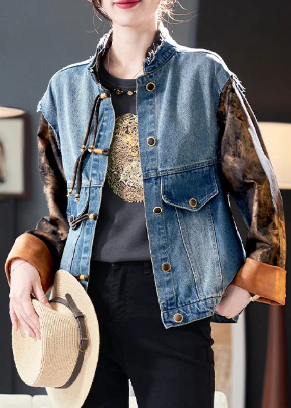 Chic Blue Button Print Patchwork Denim Coat Spring