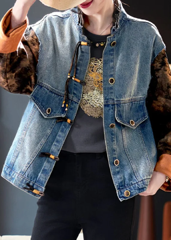 Chic Blue Button Print Patchwork Denim Coat Spring