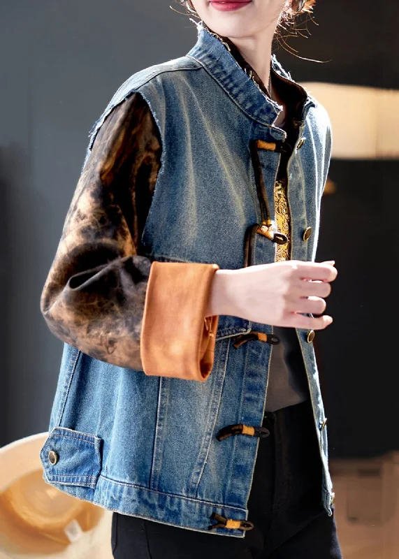 Chic Blue Button Print Patchwork Denim Coat Spring