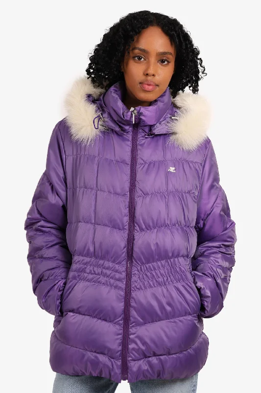 Courrèges Purple Down Coat With Faux Fur Trim Hood Est. Size M