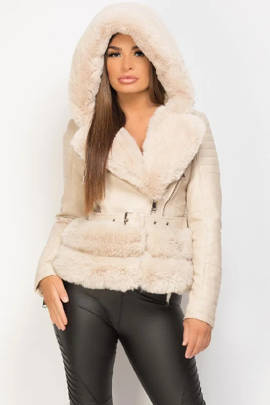 Cream Faux Fur Hooded Faux Leather Belted Jacket