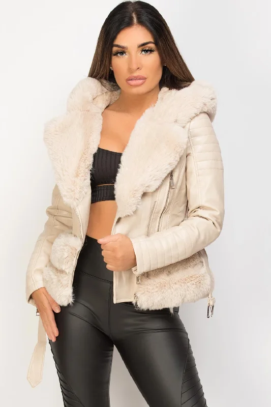 Cream Faux Fur Hooded Faux Leather Belted Jacket