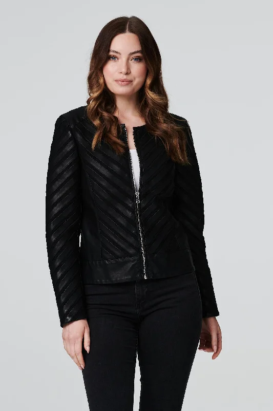 Collarless Faux Leather Biker Jacket