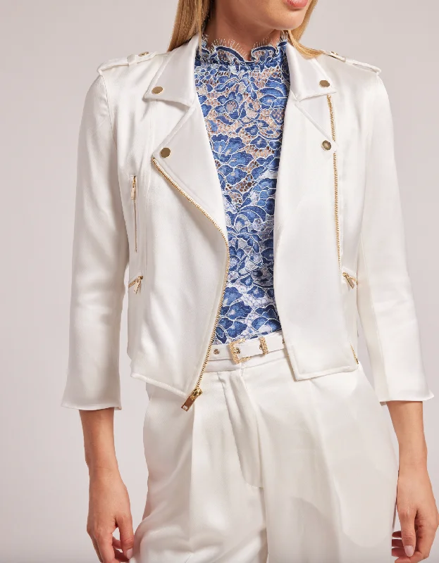 Kassandra Satin Moto Jacket - White