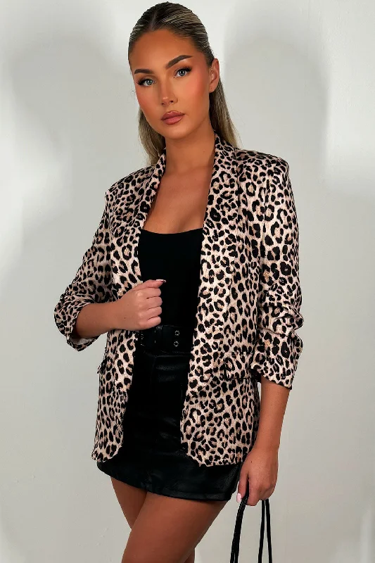 Leopard Print Ruched Sleeve Blazer