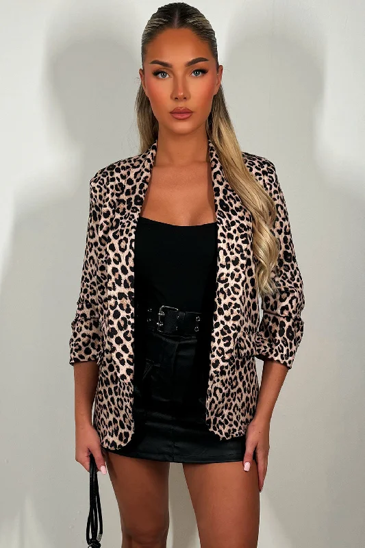 Leopard Print Ruched Sleeve Blazer