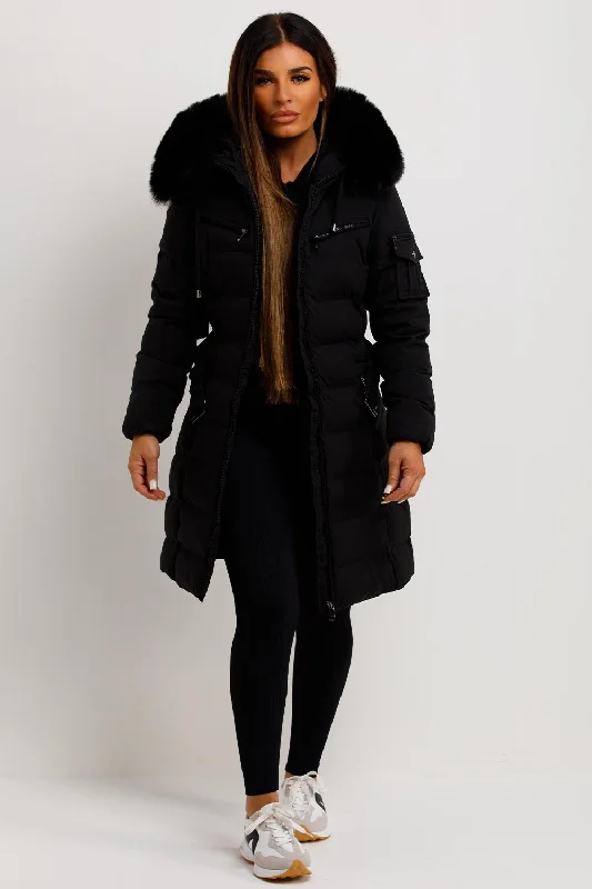 Long Puffer Coat With Fur Hood And Belt Black