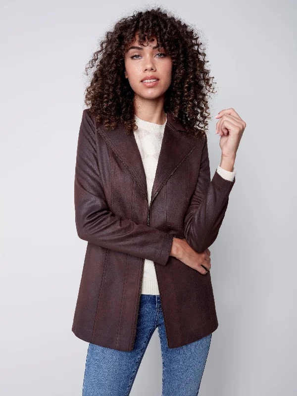 Long Vintage Faux Suede Jacket - Chocolate