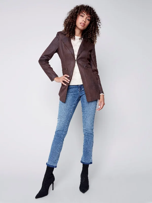 Long Vintage Faux Suede Jacket - Chocolate