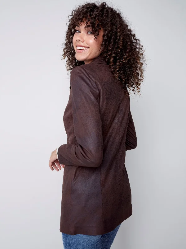 Long Vintage Faux Suede Jacket - Chocolate