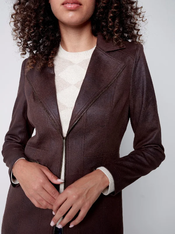 Long Vintage Faux Suede Jacket - Chocolate