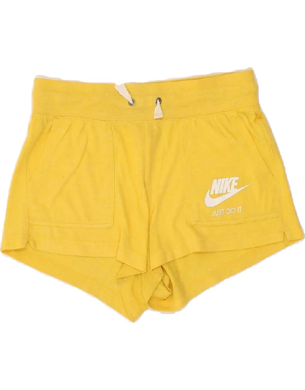 NIKE Womens Graphic Sport Shorts UK 14 Medium Yellow Cotton