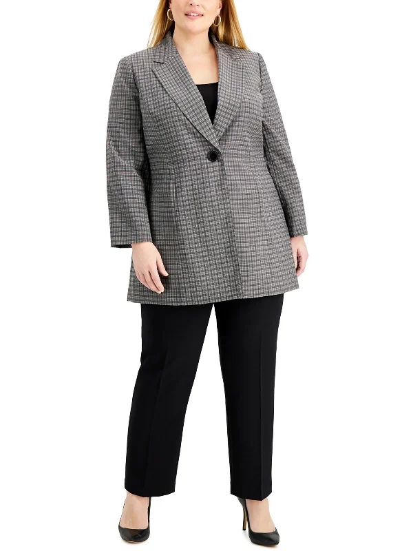 Plus Womens Plaid One-Button Duster Blazer