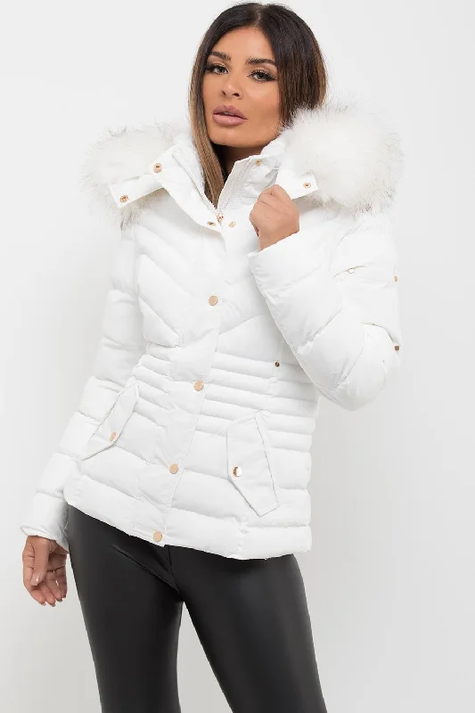 White Puffer Coat With Big Faux Fur Hood