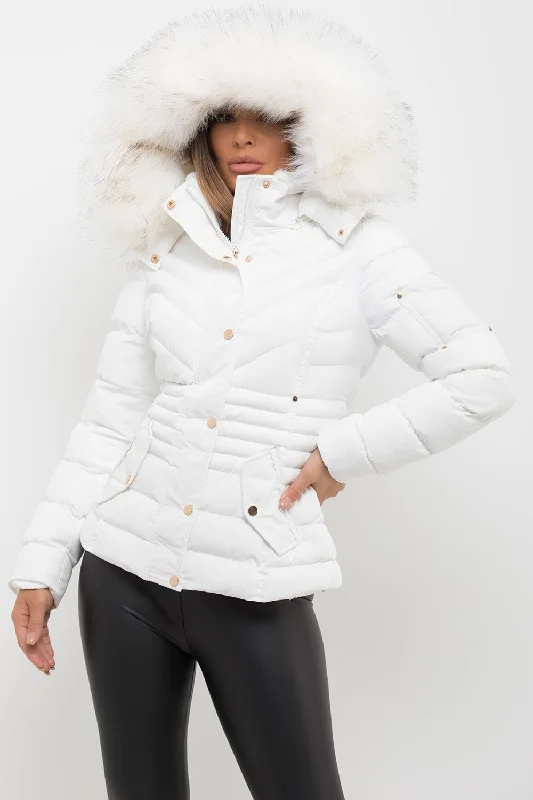 White Puffer Coat With Big Faux Fur Hood