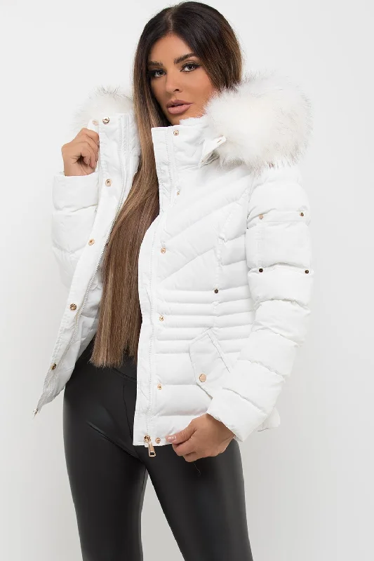 White Puffer Coat With Big Faux Fur Hood