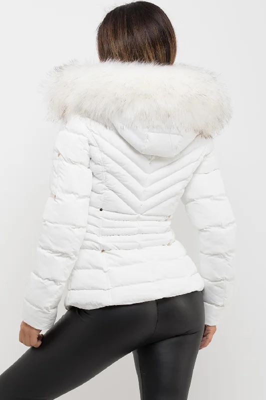 White Puffer Coat With Big Faux Fur Hood