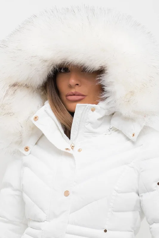 White Puffer Coat With Big Faux Fur Hood